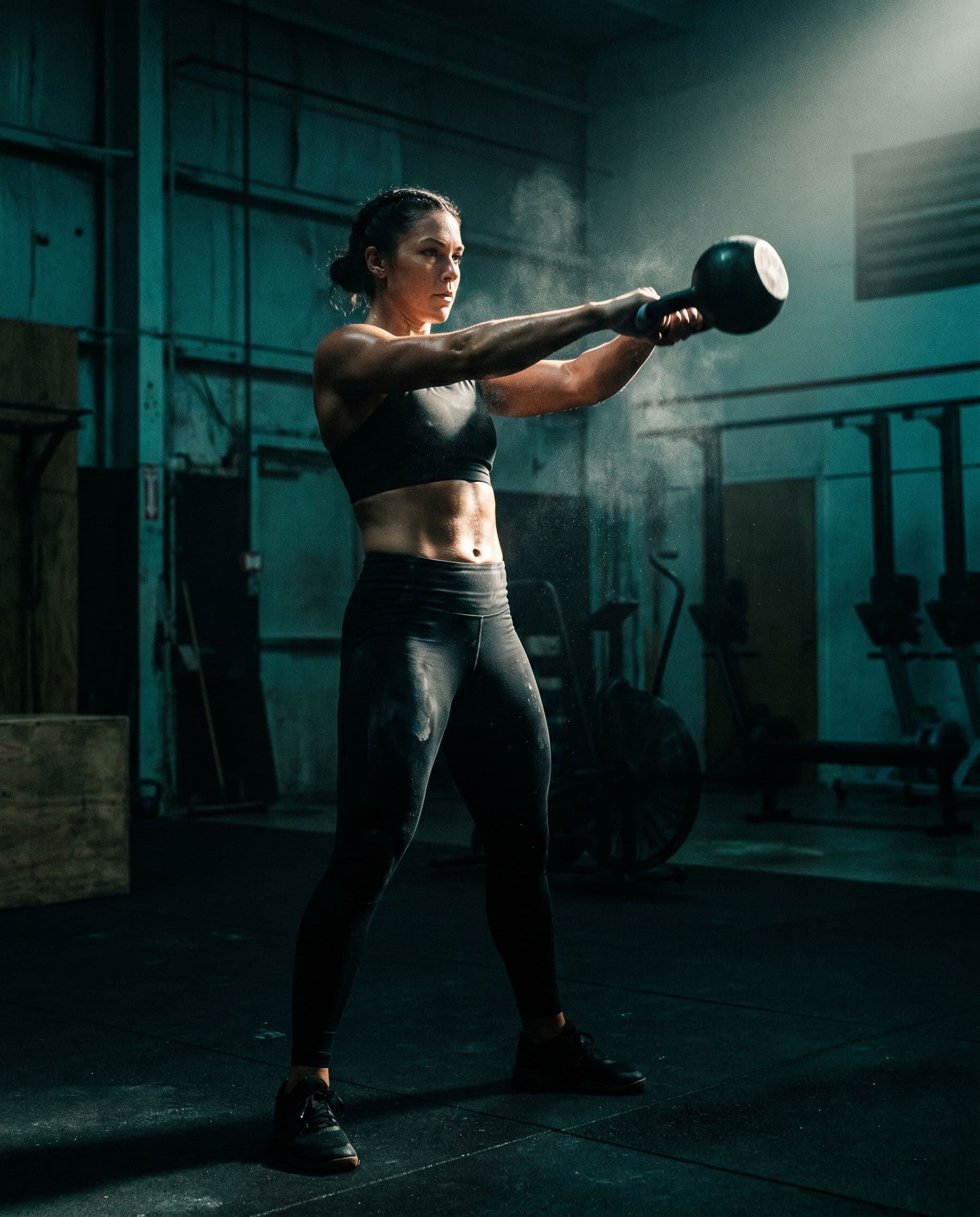 Athlete training in a dark gym