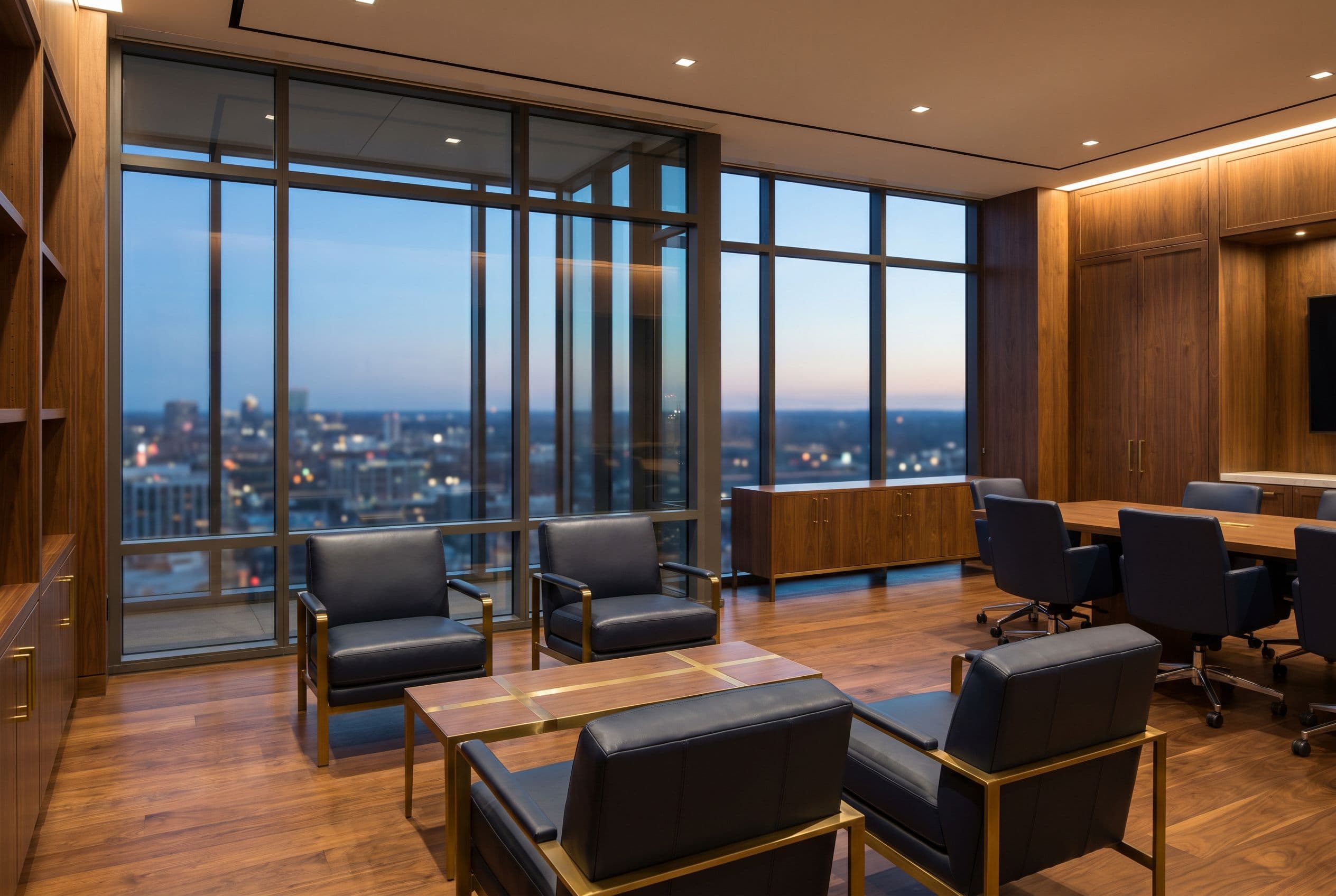 Modern law firm office at dusk